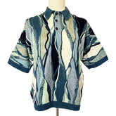 Patterned short-sleeve shirt on a mannequin against a white background