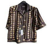 Patterned shirt with a tag on a black background