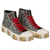 Gray high-top sneakers with red laces and gold logo on a white background