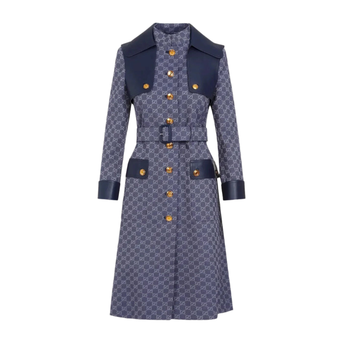 Patterned coat with navy accents on a light gray background