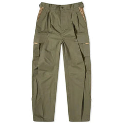Olive green cargo pants with patch pockets on a white background