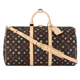 Multicolored patterned travel bag with beige straps on a black background