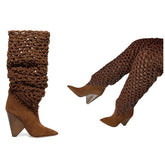 Brown knee-high boots with textured leg warmers on a white background