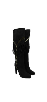 SAINT LAURENT Women's Black Suede Grace 105 Y Studded Fringed Boots