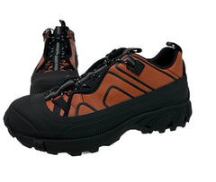 A pair of Burberry low cut sneakers with lace-up closure, featuring a black base with brown accents and a rugged sole.