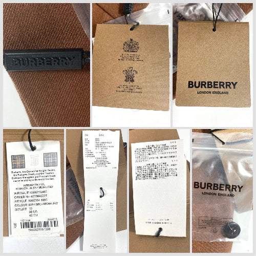 Collage of Burberry branded items including a bag, tags, and packaging.