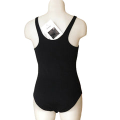 Black leotard on a mannequin with a plain background