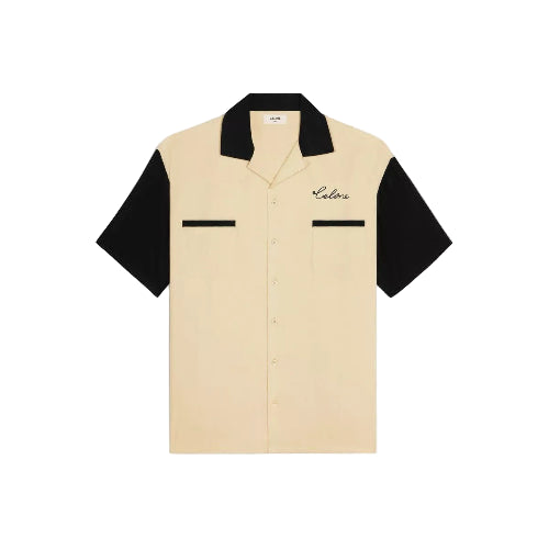 Beige and black shirt with 'Lululemon' branding on a light gray background