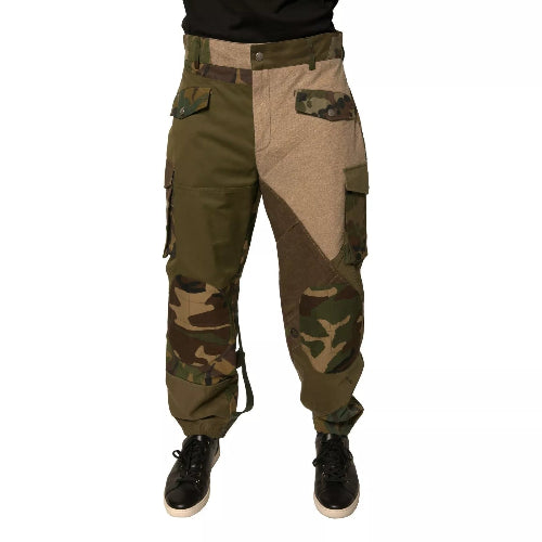 A pair of Dolce & Gabbana multicolor patchwork flight cargo pants with camouflage accents and a flat front.