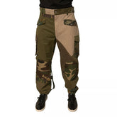 A pair of Dolce & Gabbana multicolor patchwork flight cargo pants with camouflage accents and a flat front.