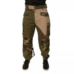 A pair of Dolce & Gabbana multicolor patchwork flight cargo pants with camouflage accents and a flat front.
