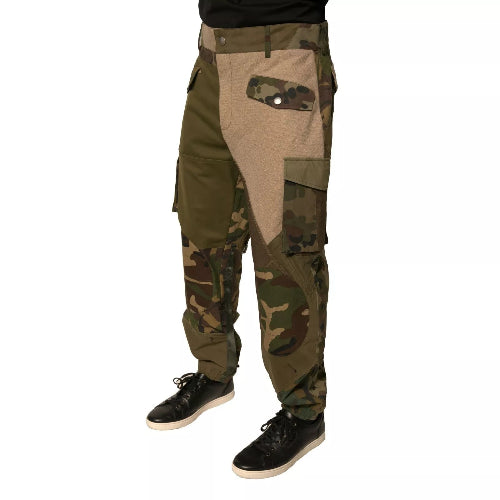 Camouflage and khaki cargo pants on a white background