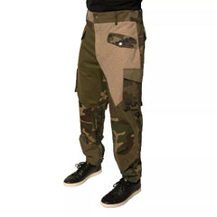Camouflage and khaki cargo pants on a white background