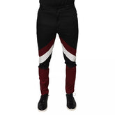 Black sweatpants with red and white stripes on a white background