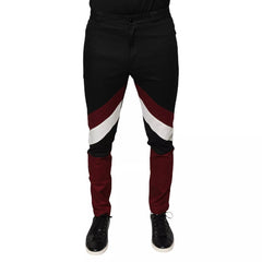 Black sweatpants with red and white stripes on a white background