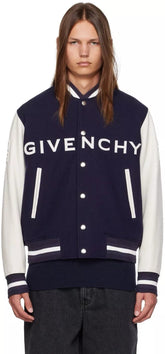 Person wearing a Givenchy varsity jacket on a white background