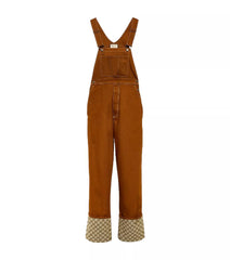 A pair of Gucci brown canvas overalls with adjustable shoulder straps and a cuffed hem, featuring the GG logo in a straight leg style.
