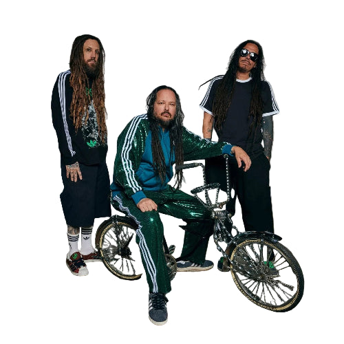 Three individuals in matching tracksuits with a bicycle in front of a garage door.