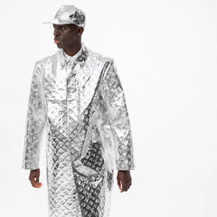 Person wearing a silver reflective trench coat and hat on a white background