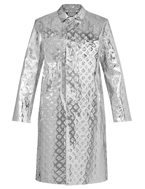 Silver lace dress with geometric pattern on a white background