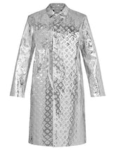 Silver lace dress with geometric pattern on a white background