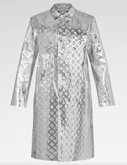 Silver lace dress with geometric pattern on a white background