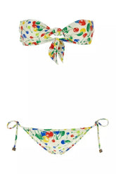 Colorful bikini set with fruit pattern on a white background