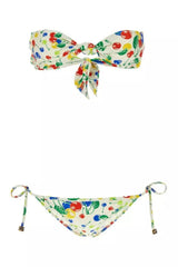 Colorful bikini set with fruit pattern on a white background