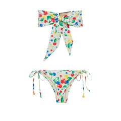 Colorful bikini set with cherry pattern on a white background