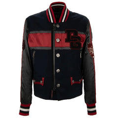 Black and red varsity jacket with a prominent logo on a white background