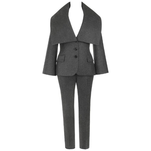 A dark gray two-piece suit with a wide lapel blazer jacket and matching trousers, shown against a plain white background.