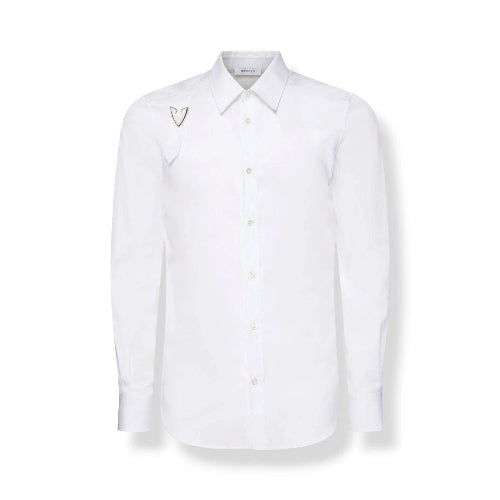 A white long-sleeve button-down shirt with a subtle textured pattern, shown against a plain white background.