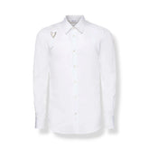 A white long-sleeve button-down shirt with a subtle textured pattern, shown against a plain white background.