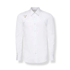 A white long-sleeve button-down shirt with a subtle textured pattern, shown against a plain white background.