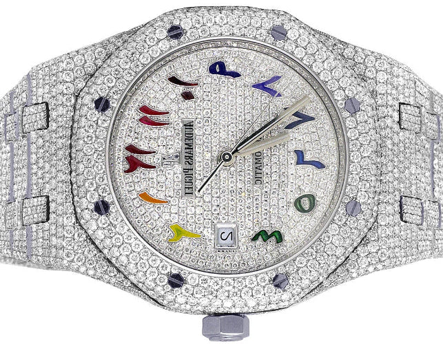 Luxury watch with diamond-studded case and colorful face elements on a white background