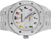 Luxury watch with diamond-studded case and colorful face elements on a white background