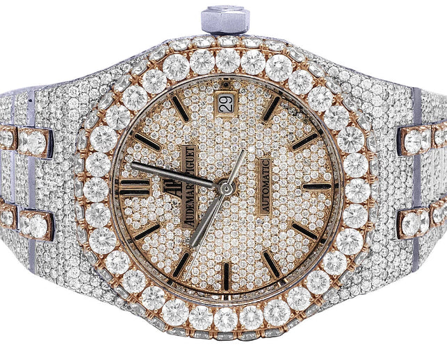 Luxury watch with diamond-studded case and bezel on a white background