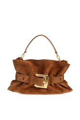 A brown suede shoulder bag with a wide matching belt and a prominent gold-tone buckle, shown against a plain white background.
