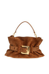 A brown suede shoulder bag with a wide matching belt and a prominent gold-tone buckle, shown against a plain white background.