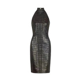 A sleeveless halter-neck dress with a dark brown and black crocodile-embossed texture, shown against a light gray background.