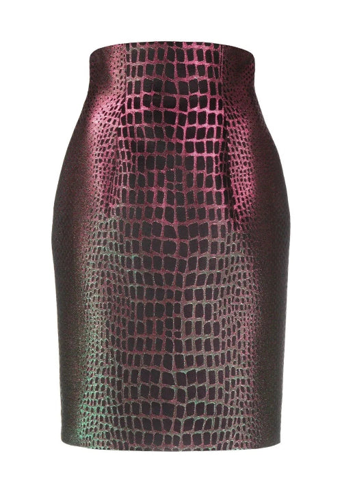 Skirt with a metallic pink and black pattern on a white background