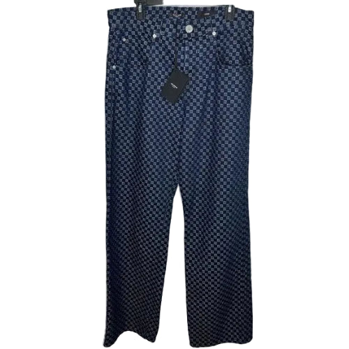 Pair of blue pants with a pattern on a white background