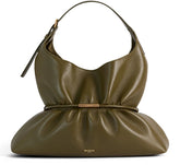 An olive green Balmain shoulder bag with a gathered, draped silhouette, a thin waist belt with a gold-tone metal accent, and a small gold 'BALMAIN PARIS' logo on the front, set against a plain white background.