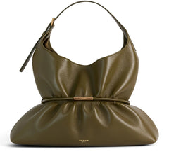 An olive green Balmain shoulder bag with a gathered, draped silhouette, a thin waist belt with a gold-tone metal accent, and a small gold 'BALMAIN PARIS' logo on the front, set against a plain white background.