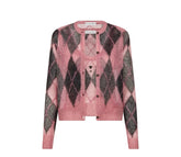 A pink button-front cardigan with an argyle pattern in pink, charcoal gray, and black, featuring a teddy bear motif on the center chest.