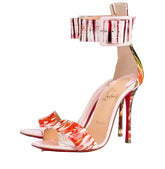 Colorful high-heeled sandals with a brand logo on a white background