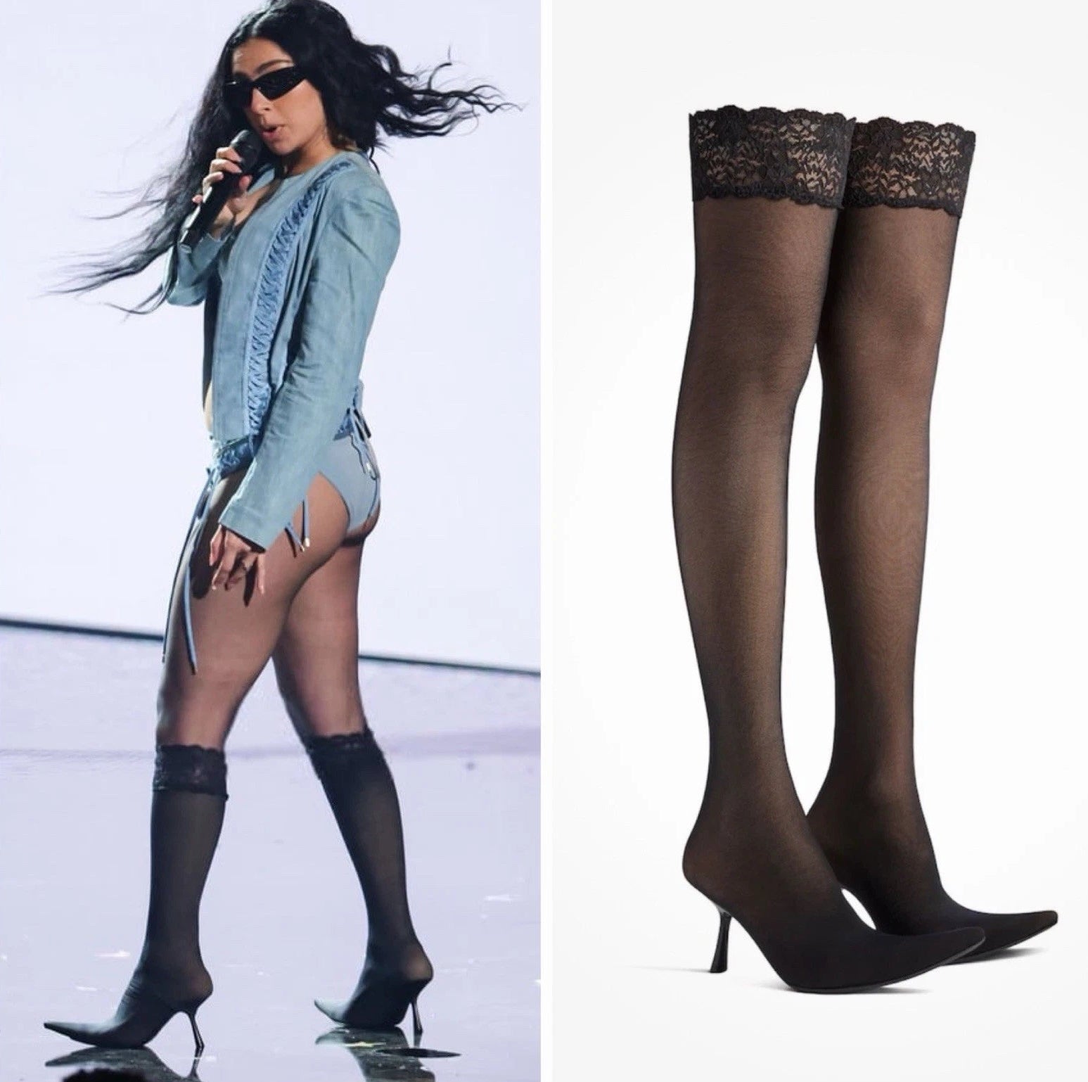 A model on the left wears thigh-high sheer black tights with a lace top band and pointed-toe high heels. On the right, a clean product shot shows the same pair of tights against a white background.