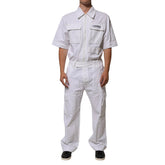 Person wearing a white work uniform on a white background