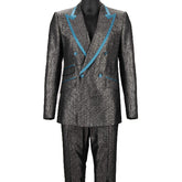 Gray suit with blue accents on a white background