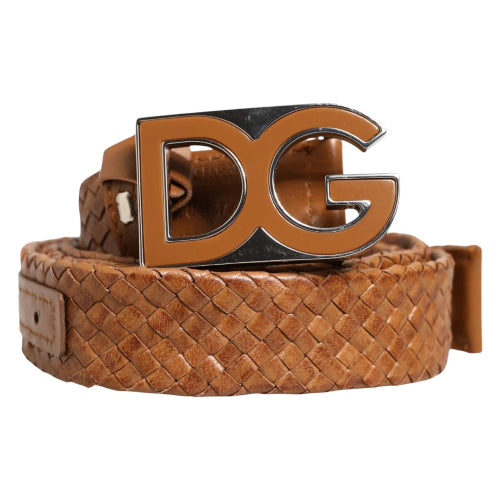 Brown woven belt with a prominent 'DG' buckle on a white background